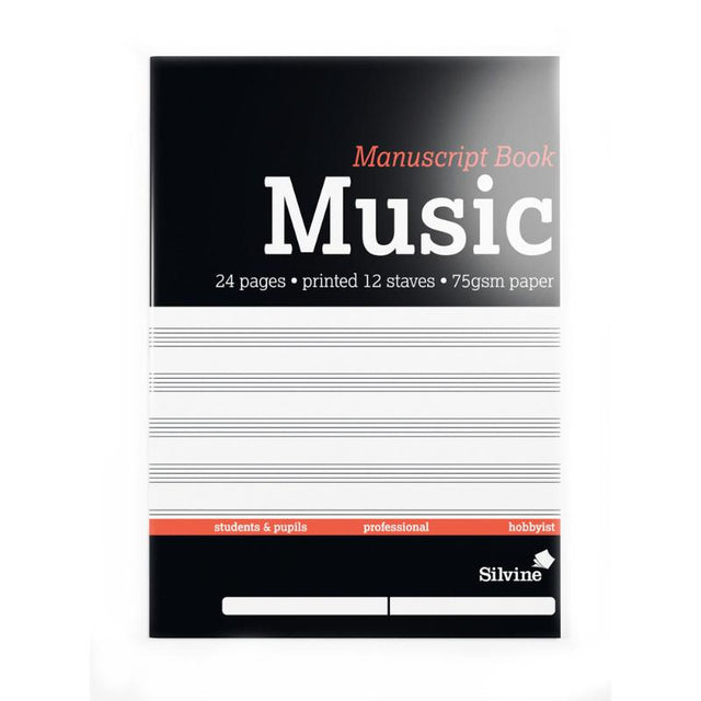 A4 music manuscript book with 24 pages featuring 12 staves, ideal for musicians and composers to write sheet music.