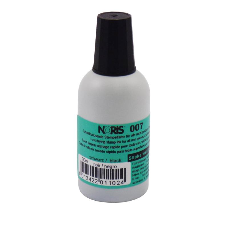 Noris #007 Quick-Dry Ink 30ml in black, perfect for stamps and crafts, dries quickly and resists smudging on various surfaces.