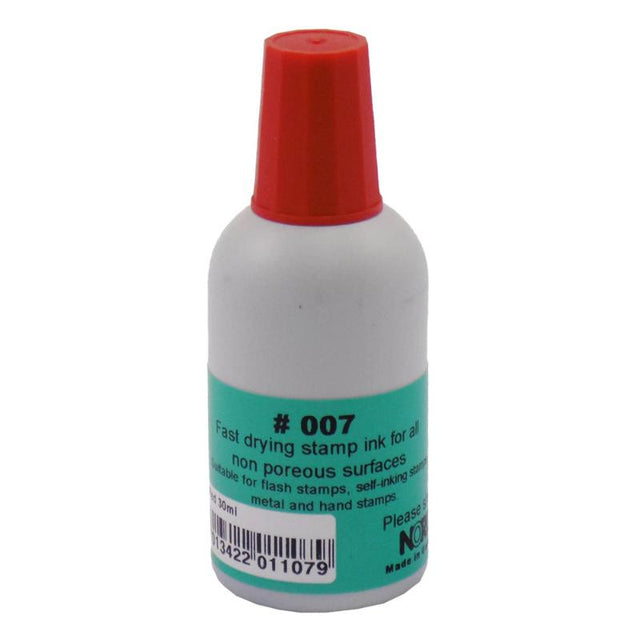 Noris #007 Quick-Dry Ink in vibrant red, 30ml, ideal for stamping on non-porous surfaces with excellent light fastness.