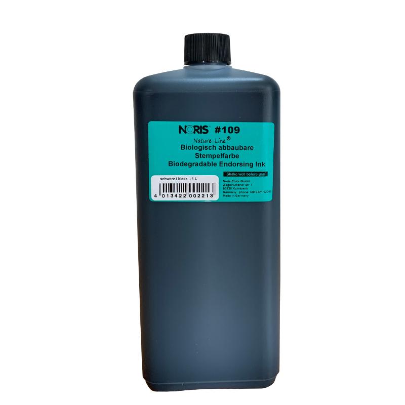 Noris #109 biodegradable black ink in 1-litre bottle, ideal for quick, vibrant prints on paper and cardboard.