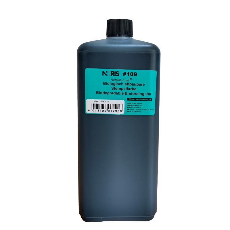 Noris #109 biodegradable ink in blue, 1 litre bottle, perfect for eco-friendly stamping on paper and cardboard.