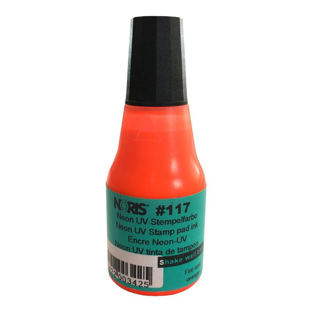 Vibrant Noris #117 UV Ink in Neon Fire Opal Orange, 25ml, perfect for stamping on paper and cardboard with UV reactive properties.