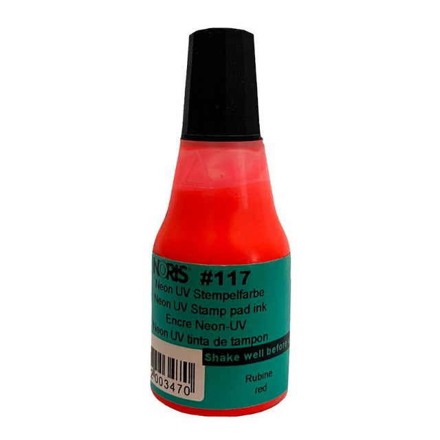 Vibrant 25ml bottle of Noris #117 UV Ink in Neon Rubine Red, ideal for creative projects and glow under black light.