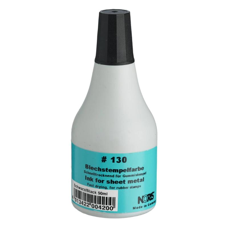 Noris #130 black sheet metal ink in a 50ml bottle, ideal for hand stamps on metal surfaces, dries in 12 seconds.