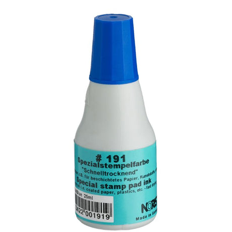 Noris #191 Quick-Dry Pad Ink 25ml in blue, perfect for stamping, non-toxic, quick-drying, ideal for crafts and fabric printing.