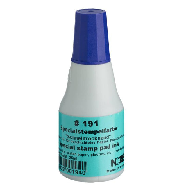 Noris #191 Quick-Dry Pad Ink in vibrant violet, 25ml, ideal for stamps, quick-drying in 5 seconds, perfect for crafts.