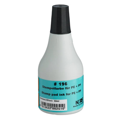 Noris #196 PE/PP Black Ink 50ml, alcohol-based, fast-drying for crisp stamping on various surfaces, ideal for artists and businesses.