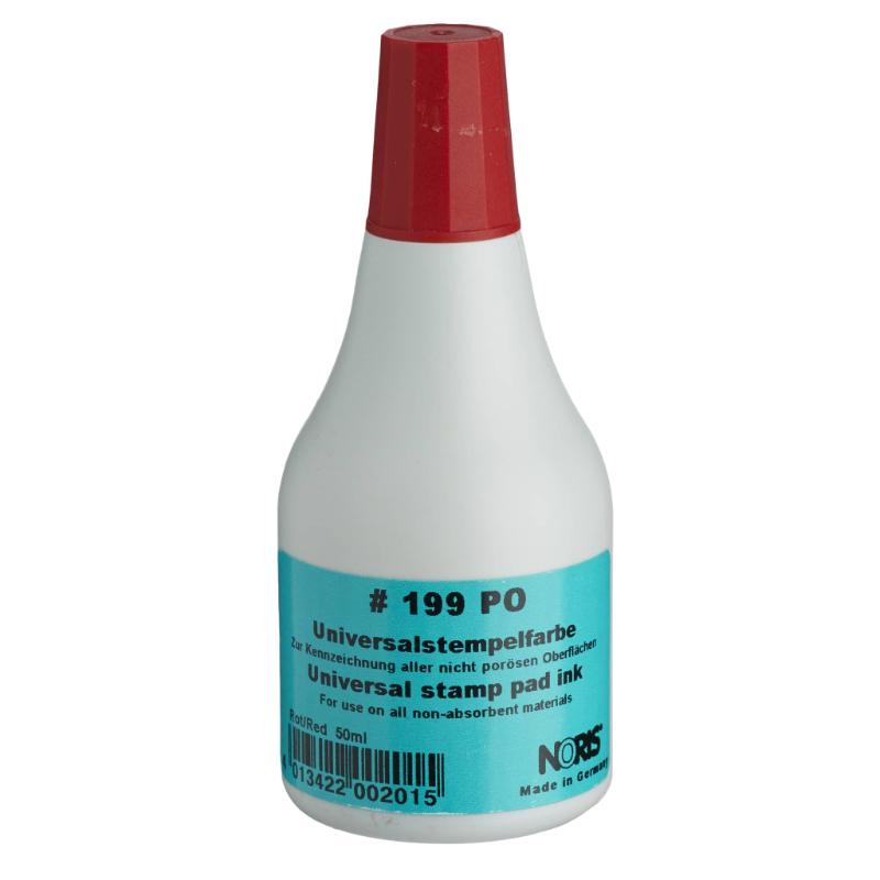 Noris #199 Universal Pad Ink in vibrant red, 50ml, ideal for hand stamping on glossy paper with quick drying time.