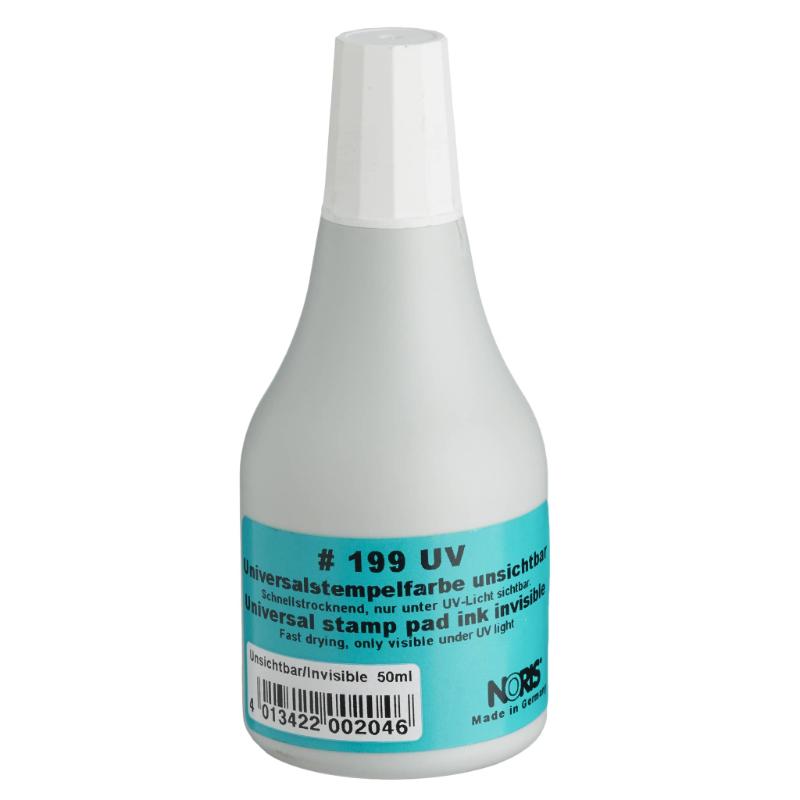 Noris #199 Universal Pad Ink 50ml UV, alcohol-based for crisp stamping on various surfaces, quick-drying, and invisible.