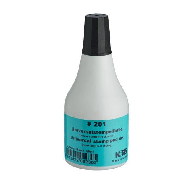 Noris #201 Universal Pad Ink, 50ml black ink for hand stamps, quick-drying, suitable for multiple surfaces.