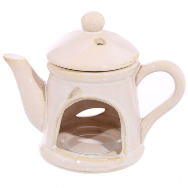 Set of 3 elegant ceramic teapot oil burners with lids, 12cm tall, perfect for essential oils and creating a soothing atmosphere.