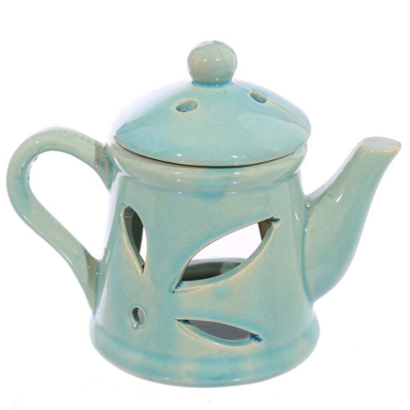 Set of 3 ceramic teapot oil burners with lids, 12cm tall, perfect for essential oils, enhances home ambiance.