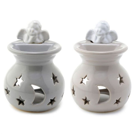 Ceramic oil and wax burner set featuring charming cherub designs, perfect for creating a soothing ambiance.