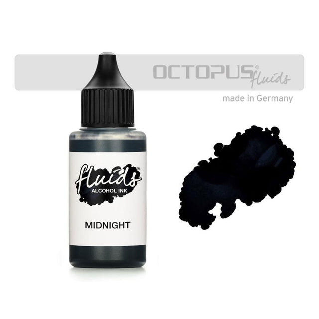 Octopus Fluids Midnight Black Alcohol Ink in 30ml bottle, ideal for fluid painting on non-porous surfaces, fast-drying and waterproof.