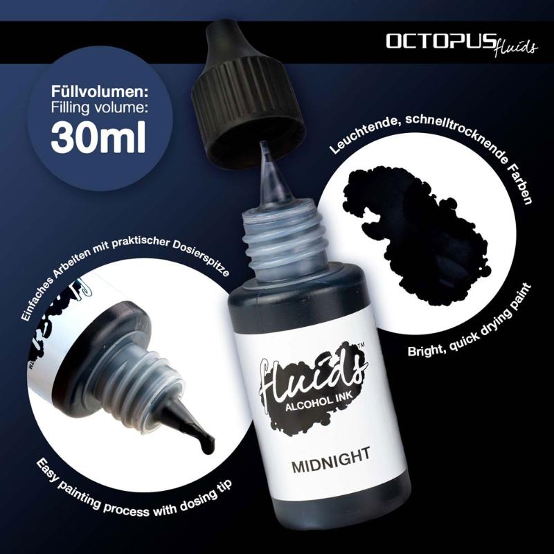 Octopus Fluids Alcohol Ink in Midnight Black, 30ml bottle, perfect for fluid painting on non-porous surfaces.