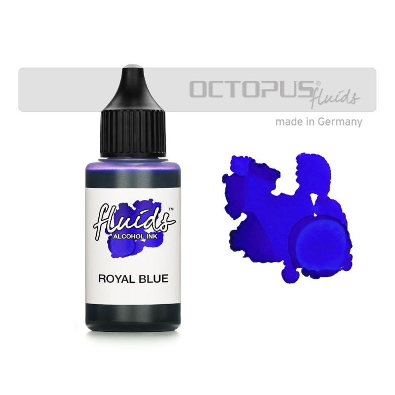 Octopus Fluids Royal Blue Alcohol Ink in a 30ml bottle, ideal for vibrant fluid painting on smooth, non-porous surfaces.