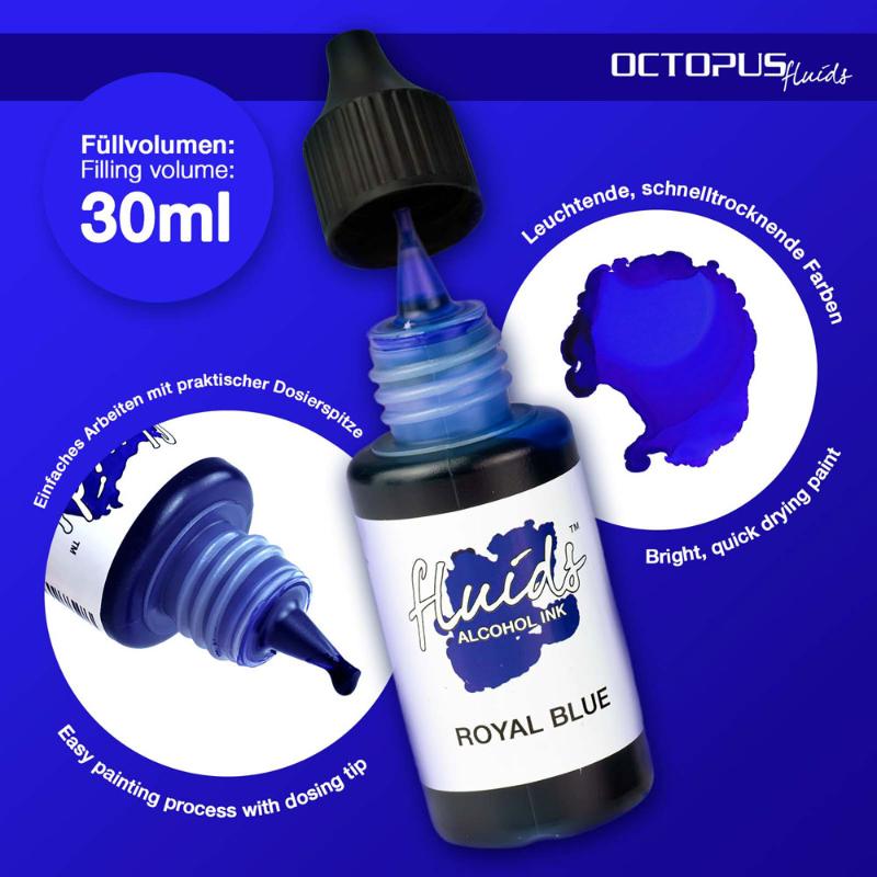 Octopus Fluids Royal Blue Alcohol Ink 30ml, ideal for vibrant fluid painting on smooth, non-porous surfaces.