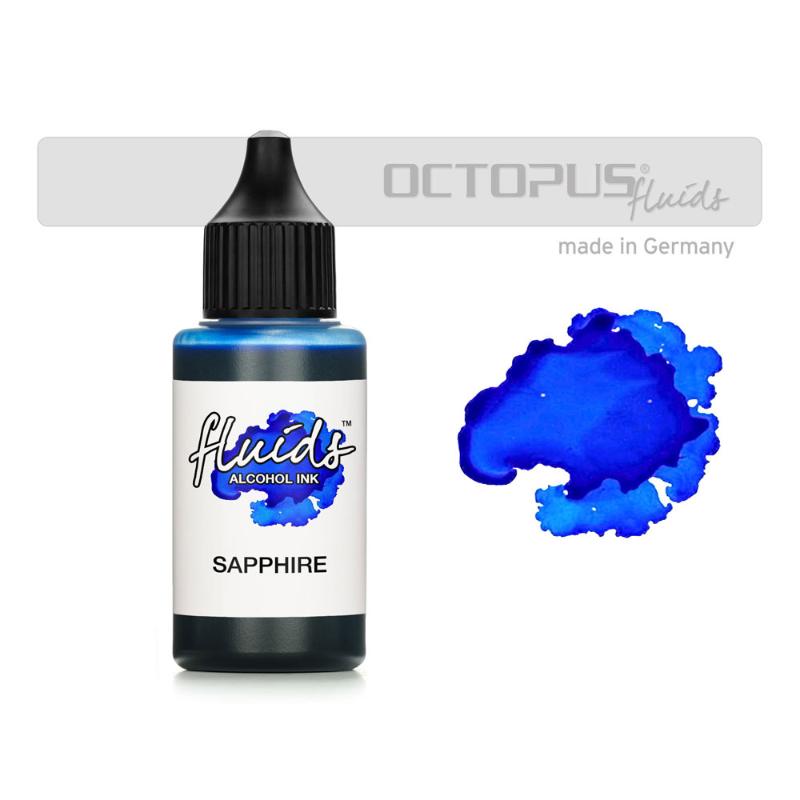 Sapphire Blue alcohol ink in a 30ml bottle, perfect for vibrant fluid painting on various surfaces.