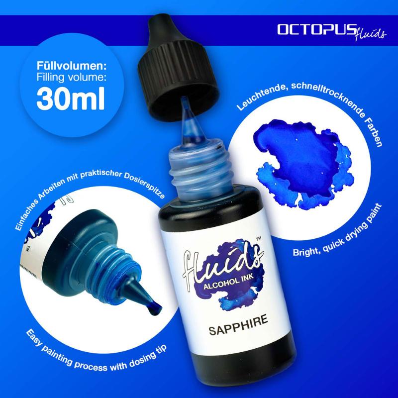 Sapphire Blue Alcohol Ink in a 30ml bottle, perfect for vibrant fluid painting on various surfaces.