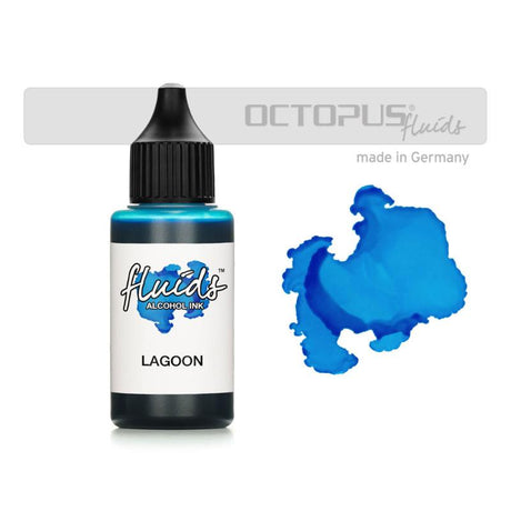 Octopus Fluids Lagoon Blue alcohol ink in 30ml, perfect for vibrant fluid art on various surfaces like glass and metal.