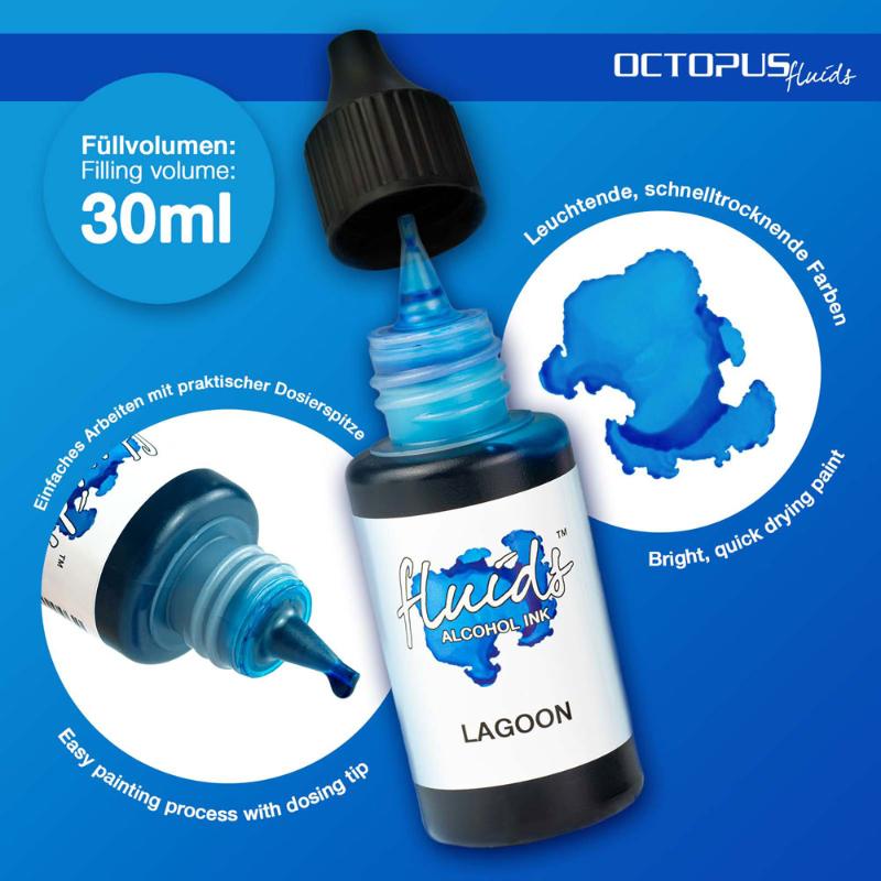 Octopus Fluids Lagoon Blue alcohol ink in a 30ml bottle, ideal for vibrant fluid painting on various surfaces.