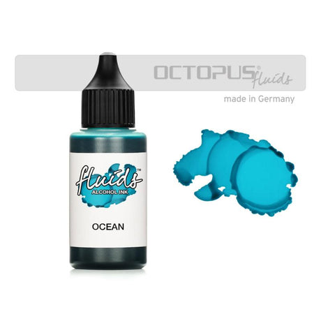 Octopus Fluids Alcohol Ink in Ocean Blue, 30ml, ideal for fluid painting on various surfaces with vibrant color and fast-drying properties.