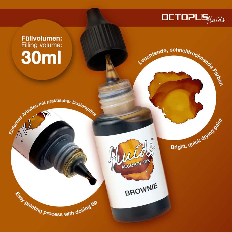 Bottle of Octopus Fluids Alcohol Ink in Brownie Brown, 30ml, ideal for vibrant fluid painting on non-porous surfaces.