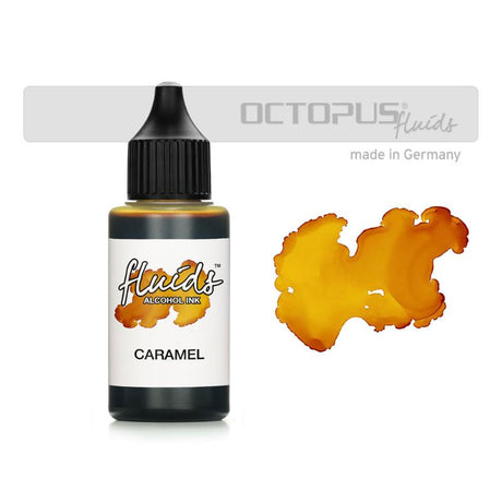 Octopus Fluids Alcohol Ink in Caramel Brown, 30ml, offers vibrant, fast-drying color for fluid painting on various non-porous surfaces.