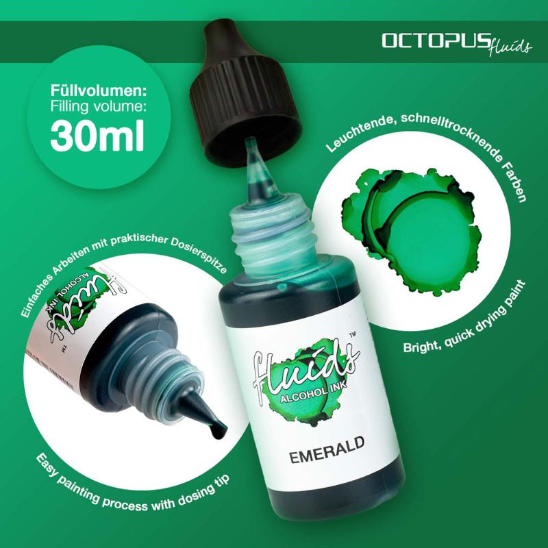 Emerald Green alcohol ink in a 30ml bottle, perfect for fluid painting on smooth, non-porous surfaces.