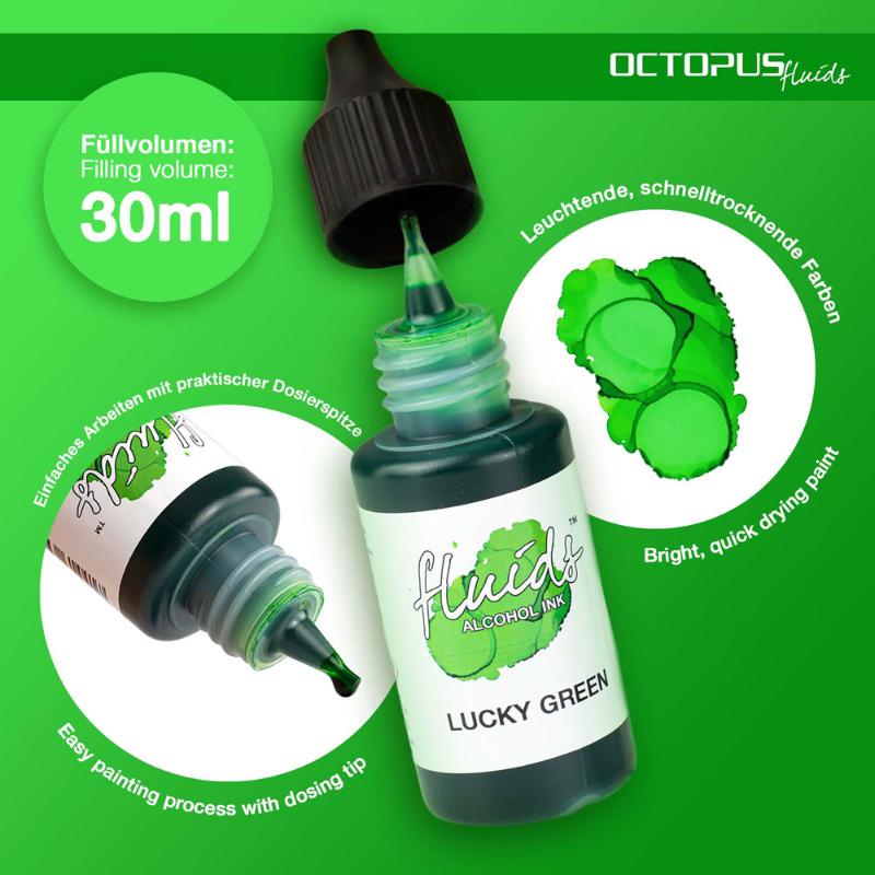 Vibrant 30ml Lucky Green alcohol ink for fluid painting on various surfaces, fast-drying, and re-liquefiable with isopropyl alcohol.