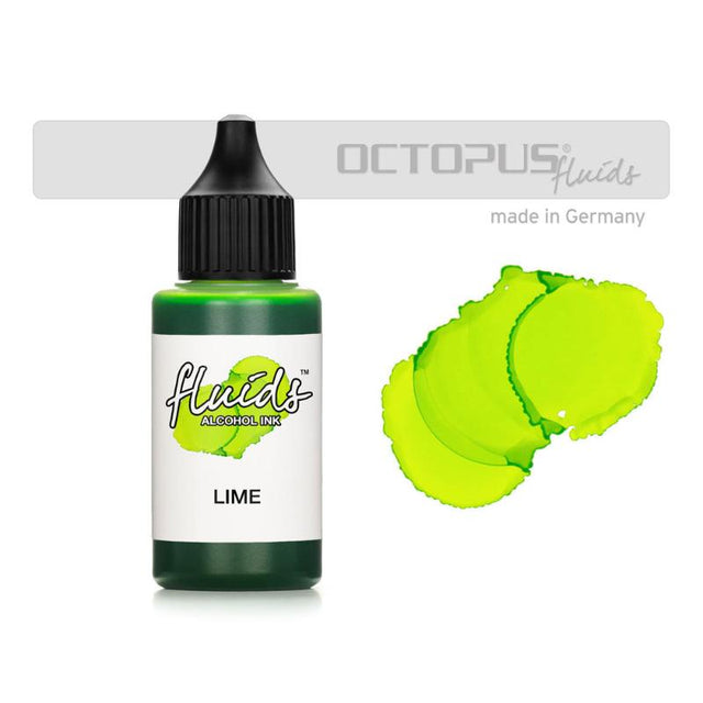 Bright lime green alcohol ink in a 30ml bottle, perfect for fluid painting on non-porous surfaces like glass and metal.