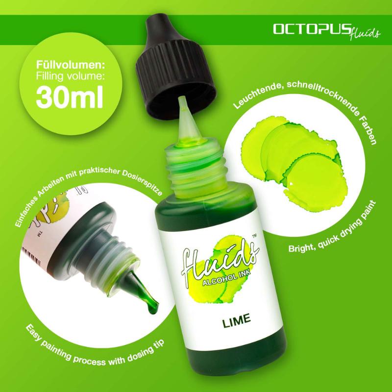 Vibrant lime green alcohol ink in a 30ml bottle, perfect for fluid painting on non-porous surfaces.