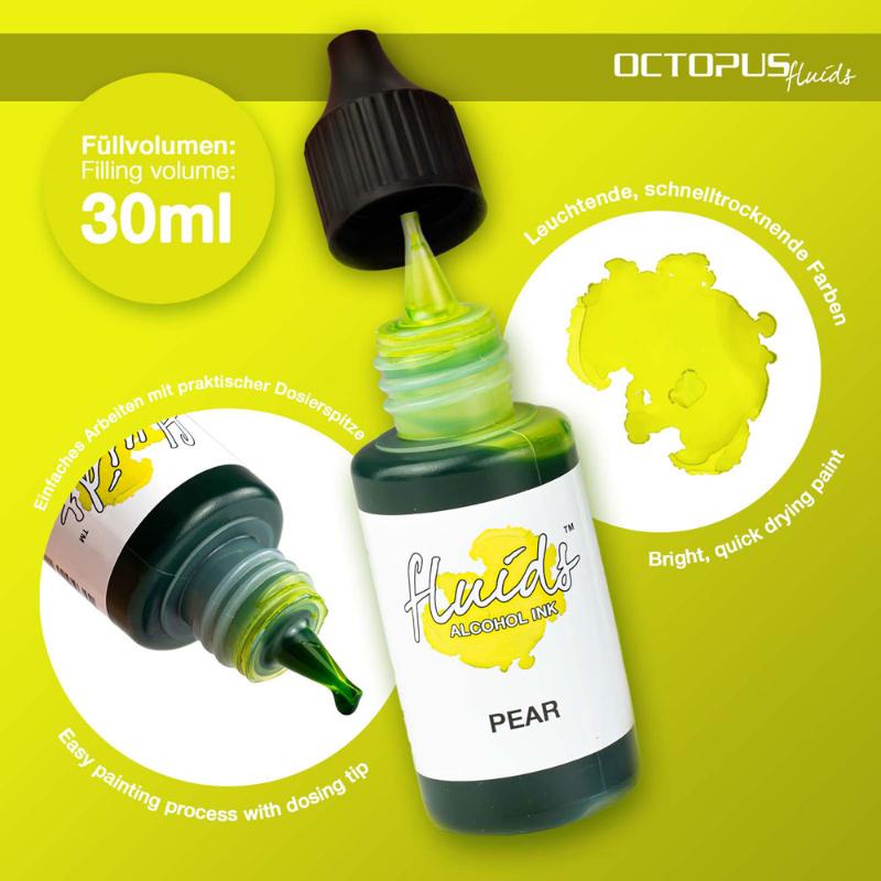 Octopus Fluids Alcohol Ink in Pear Green, 30ml; vibrant, fast-drying ink for fluid art on various surfaces.