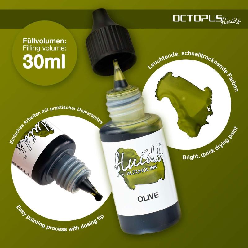 Bottle of Octopus Fluids Alcohol Ink in Olive Green, perfect for fluid painting on various surfaces, fast-drying and waterproof.