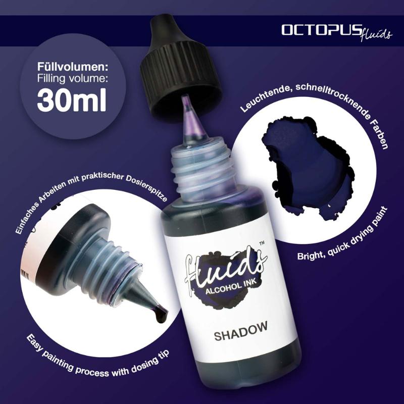 Bottle of Octopus Fluids Alcohol Ink in Shadow Grey-Blue, perfect for fluid painting on various surfaces with a transparent finish.