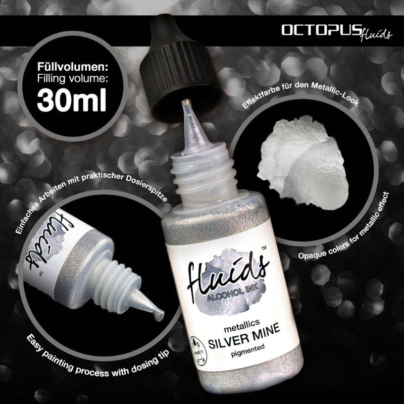 Metallic silver alcohol ink in a 30ml bottle for fluid art, offering vibrant, transparent color and fast-drying, waterproof finish.