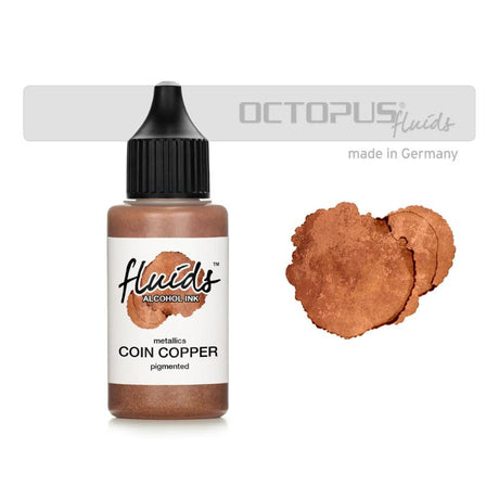 Octopus Fluids Coin Copper Metallic Alcohol Ink in 30ml, perfect for vibrant fluid painting on smooth surfaces.