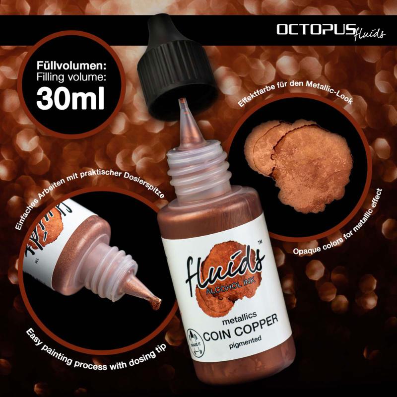 Octopus Fluids Alcohol Ink in Coin Copper Metallic, 30ml, perfect for vibrant fluid painting on non-porous surfaces.