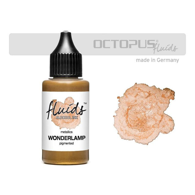 Octopus Fluids Gold Metallic Alcohol Ink in 30ml for vibrant, transparent art on smooth surfaces like glass and metal.