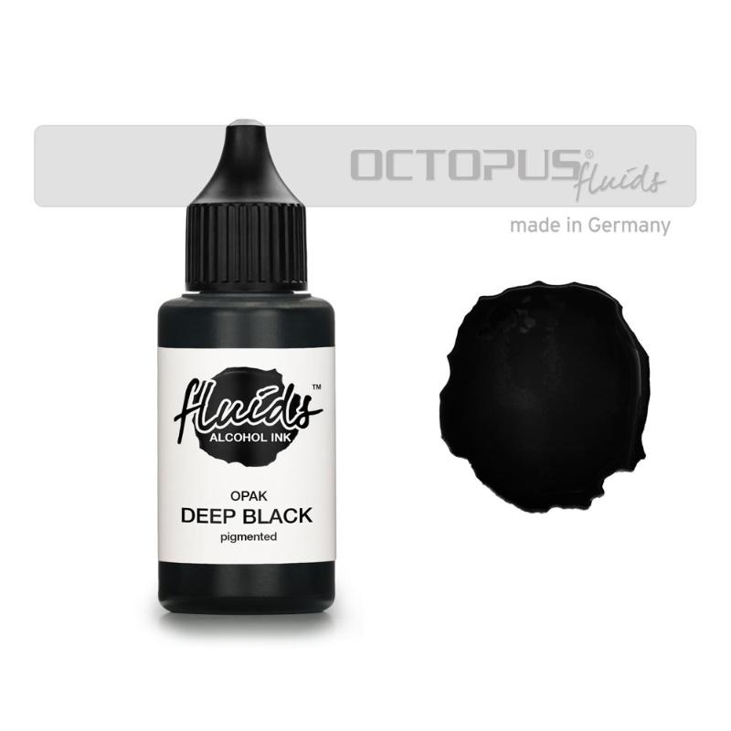 Octopus Fluids Opak Deep Black 30ml alcohol ink, ideal for dark surfaces, fast-drying, rich opaque color for artists.