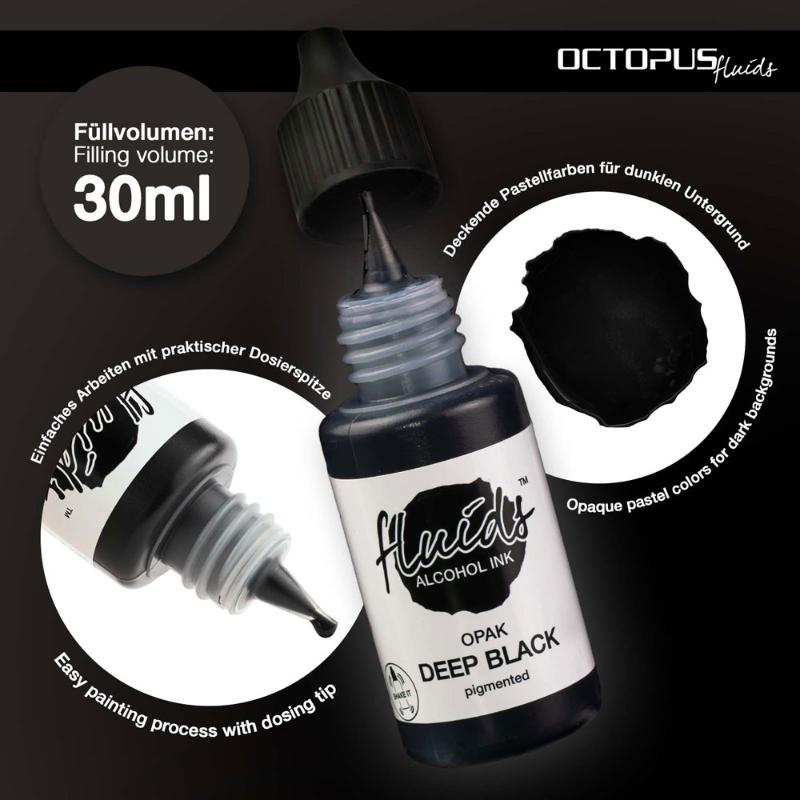 Opaque alcohol ink in deep black, perfect for bold art on dark surfaces; fast-drying and ideal for various creative applications.