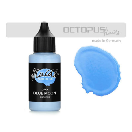 Octopus Fluids Alcohol Ink Opak Blue Moon 30ml bottle showcasing vibrant opaque blue color for artists on dark surfaces.