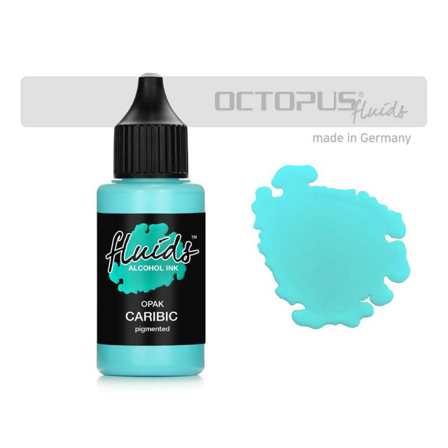 Vibrant 30ml Opak Caribic Blue alcohol ink, perfect for dark surfaces and creative projects, delivers bold, fast-drying color.