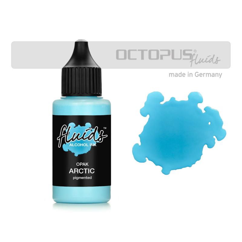 Octopus Fluids Alcohol Ink Opak Arctic Blue 30ml bottle, vibrant opaque ink for artistic applications on varied surfaces.