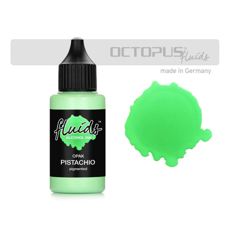 Octopus Fluids OPAK Pistachio Green 30ml alcohol ink, vibrant and opaque, ideal for art on dark surfaces and mixing with transparents.