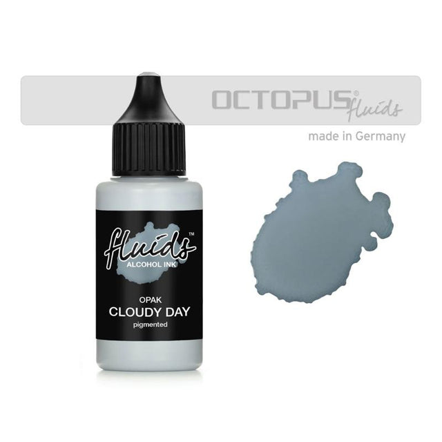 Octopus Fluids Opak Cloudy Day Grey 30ml alcohol ink for creating vibrant, opaque effects on dark surfaces.