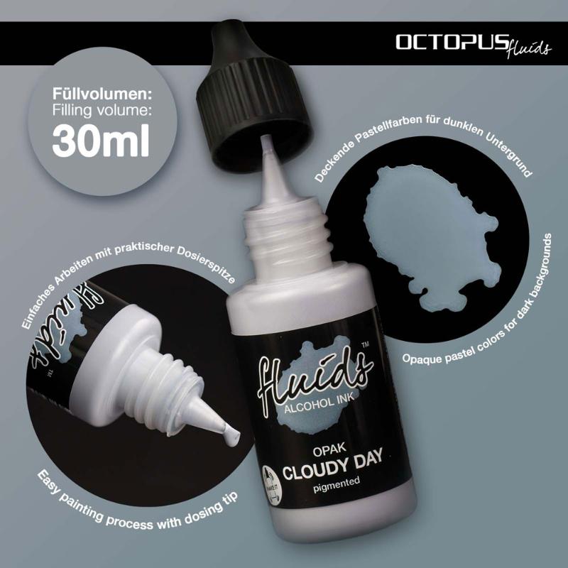 Octopus Fluids Opak Cloudy Day Grey 30ml alcohol ink, perfect for vibrant art on dark surfaces and various materials.