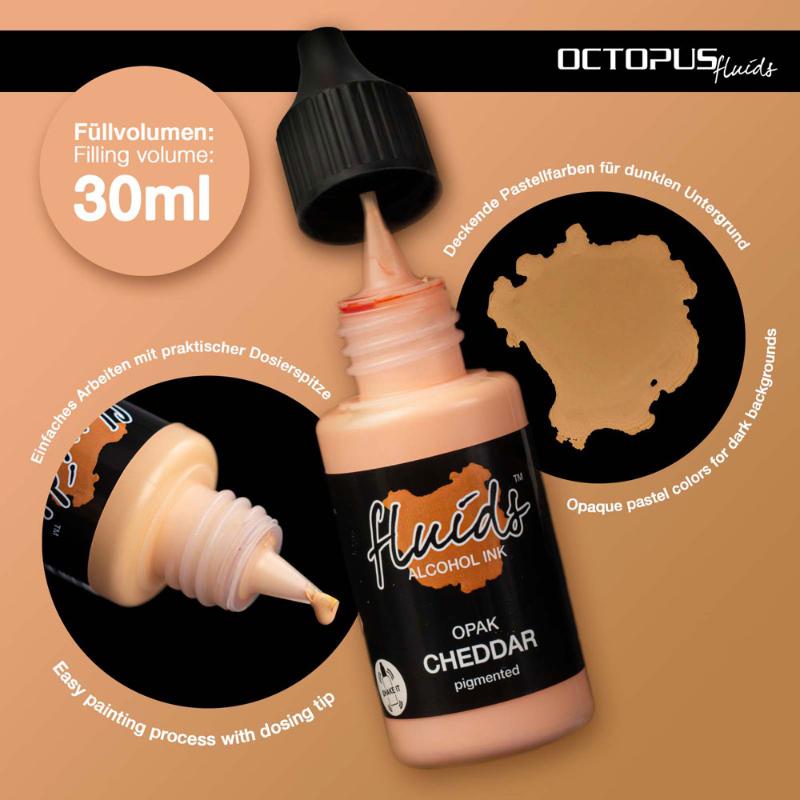 Vibrant opaque cheddar orange alcohol ink in a 30ml bottle, ideal for bold artwork on dark surfaces.