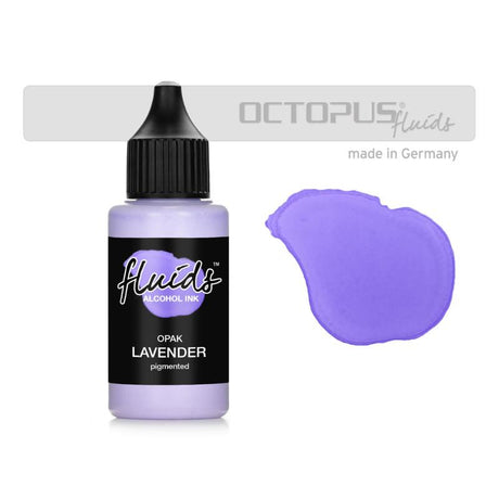 Octopus Fluids Alcohol Ink OPAK Lavendar Violet 30ml, vibrant opaque ink for artistic creations on dark surfaces.