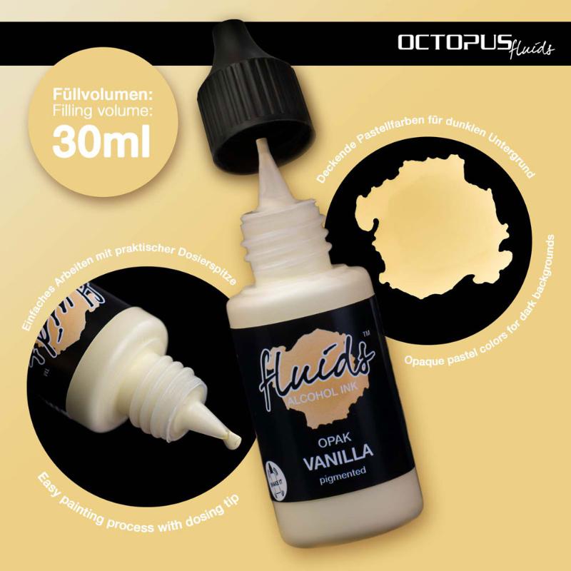 Vibrant Opak Vanilla Yellow alcohol ink in a 30ml bottle, ideal for dark surfaces and blending in artistic projects.